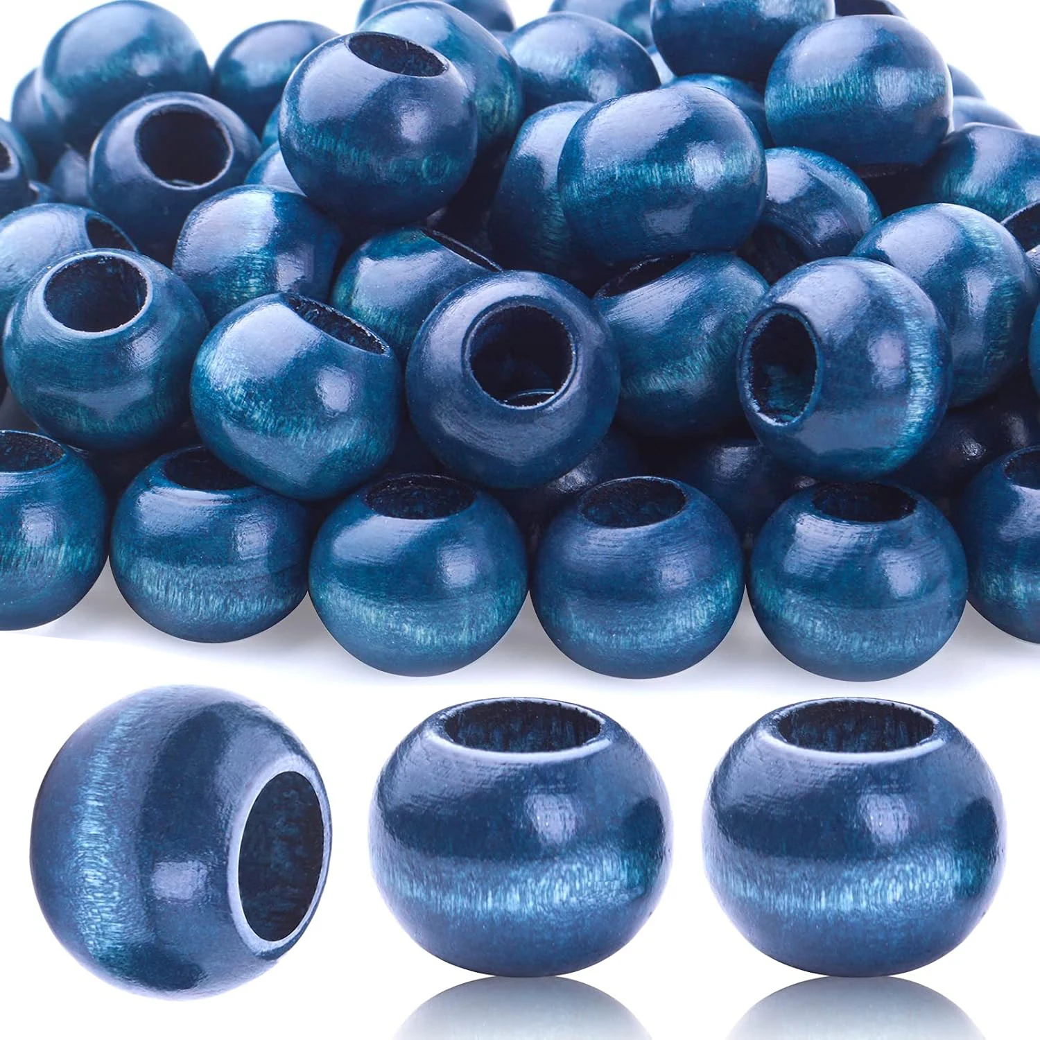 

100pcs Dark Blue Wooden Beads Round Wood Beads with 10mm Large Hole Wooden Macrame Beads Loose Wood Spacer Beads for Jewelry