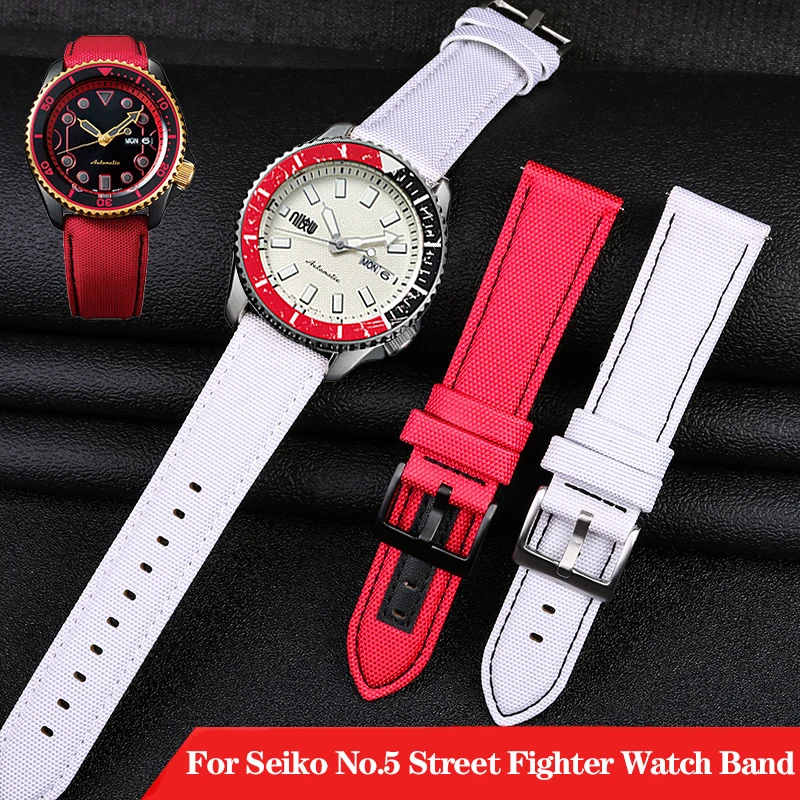 22mm New Nylon Leather Bottom Watch Band For Seiko No.5 Street Fighter Co Branded Long-SRPF19K1 SRPF20K1 Sports Strap Bracelet