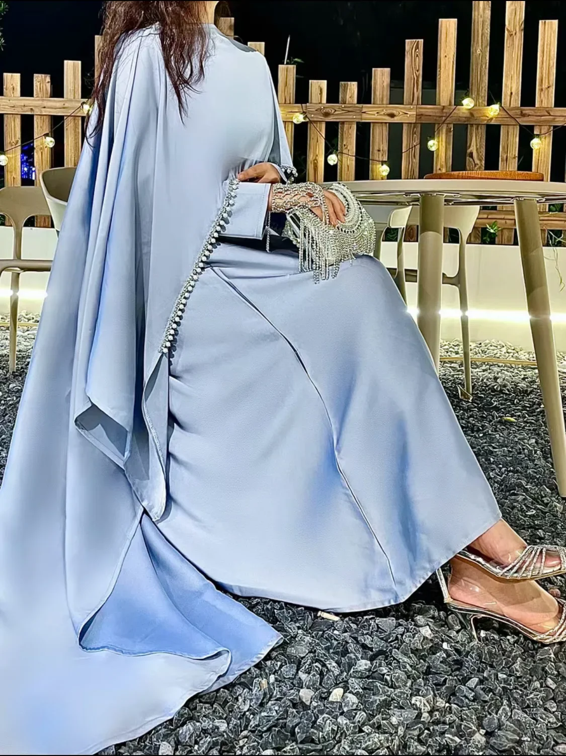 Femme Musulmane Vestidos Pearl Beads Abaya for Women Dubai Cape Evening Party Dress Muslim Kaftan Turkey Robe Eid Djellaba Gown