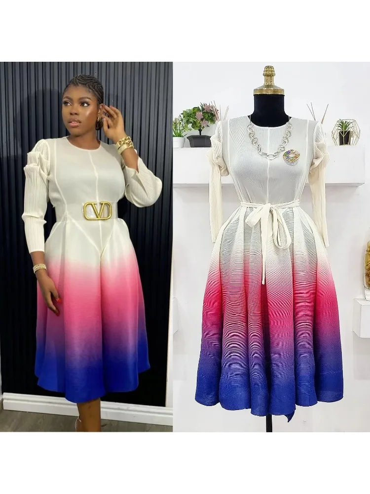 

Miyake 2025 г., ретро-платье с круглым вырезом и рукавами-бутонами на талии, складки, постепенное платье с изменением цвета, женская тонкая высококачественная длинная юбка