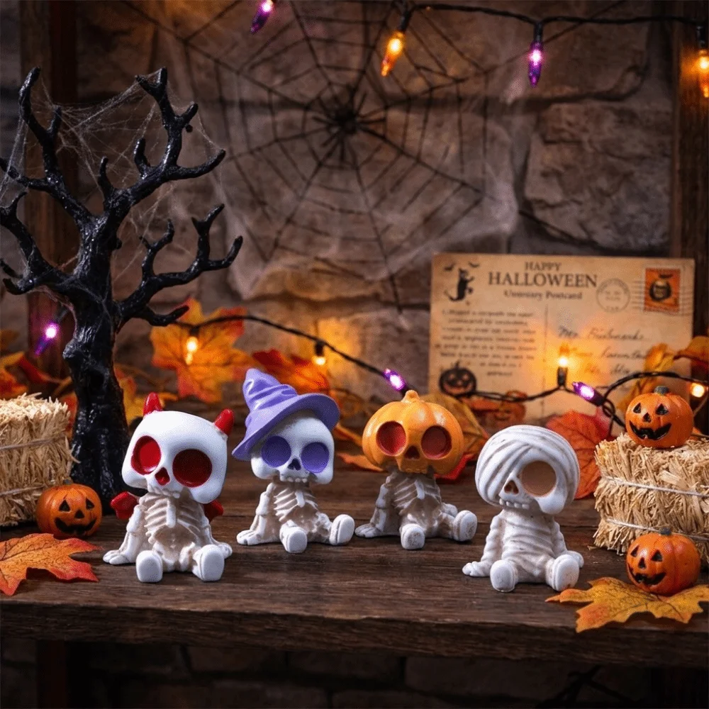 4pcs/set Resin Material Halloween Figurines Cute Design Collectible Skeleton Ornaments Pumpkin Mummy Ghost Lightweight