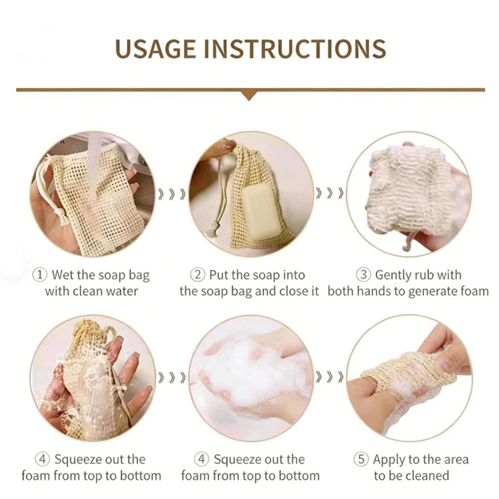 Saco de algodão natural para economizar sabonete, 3 peças, ecológico, feito à mão, bolsa de malha de algodão para limpeza corporal e cuidados com a pele