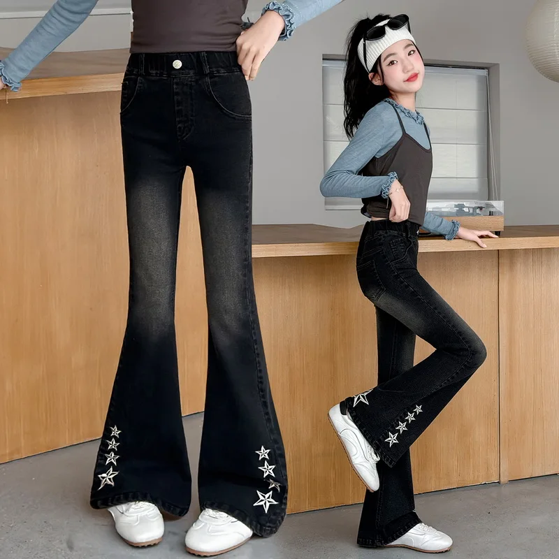 Kids Slim Fit Stylish Bell Bottom Flared Jeans with Star Embroidery for Tweens Girls Elegant Boot Cut Denim Pants Child Trousers