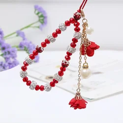 New Fashion Crystal Mobile Phone Hanging Chain Jewelry for Women Pearl Dried Flower Charm Cellphone Case Pendant DIY Accessories