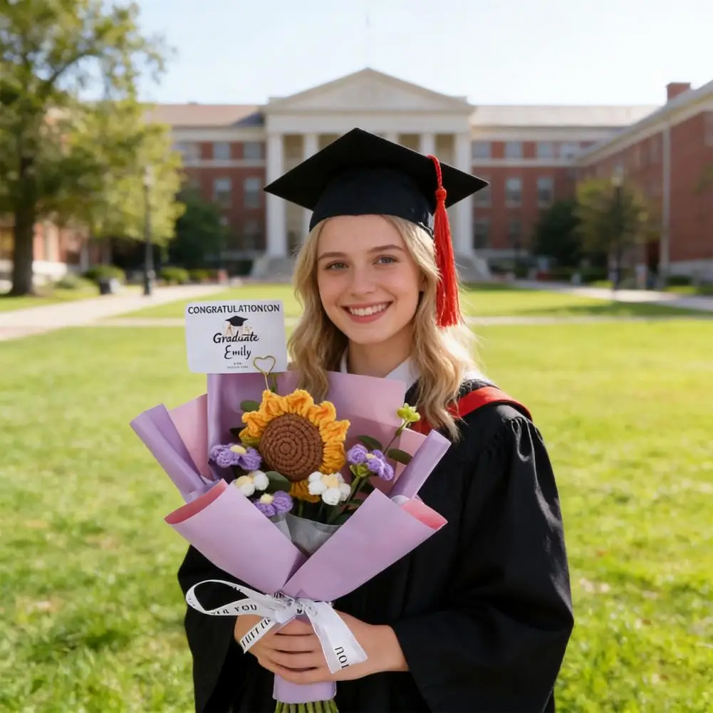 

Woven Flower Bouquet Handmade Crochet Graduation Bouquet with Doll Artificial Sunflower Graduation Birthday Home Decor
