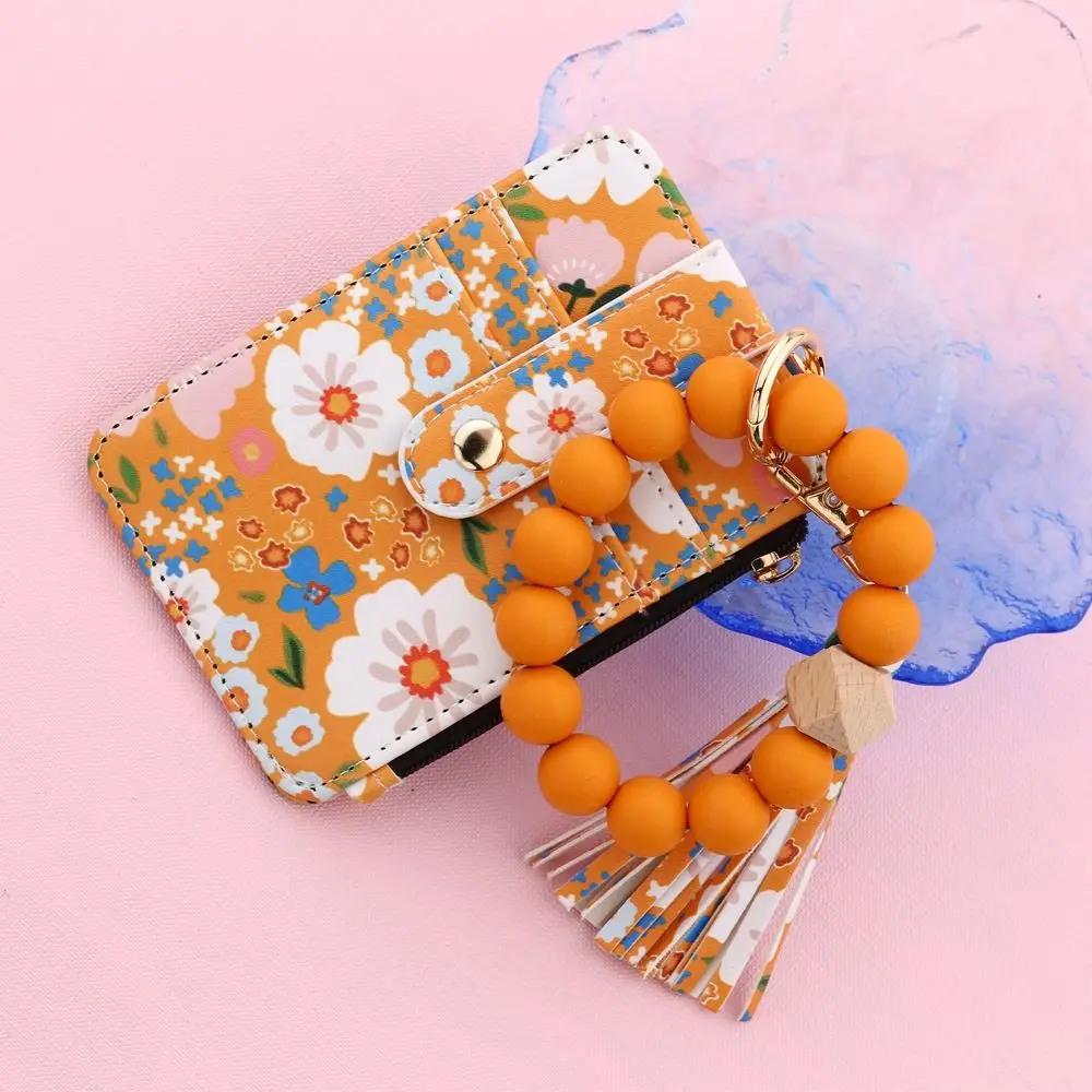 Fragmented Design Silicone Bead Bracelet Keychain Pu Leather Flower Pattern Wristlet Wallet Keychain Boho Style Beaded Detail