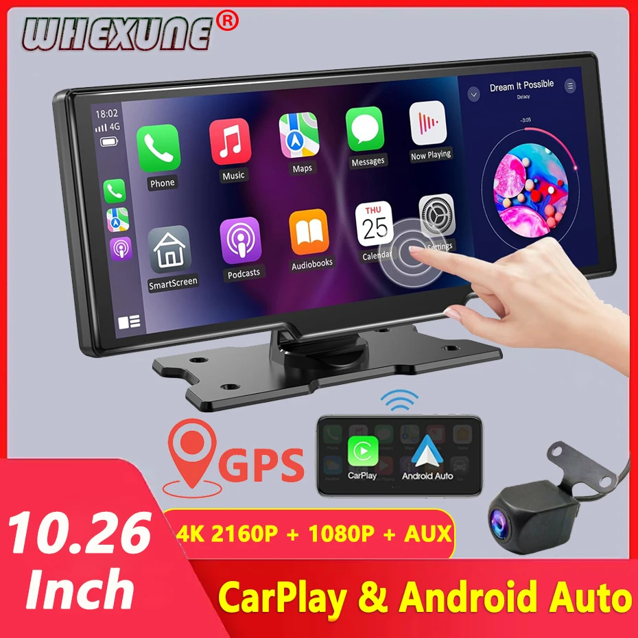 

10.26" Dash Cam Rearview Camera Wifi Carplay & Android Auto 4K DVR GPS Navigation Video Recorder AUX Dashboard Dual Len 24H Park