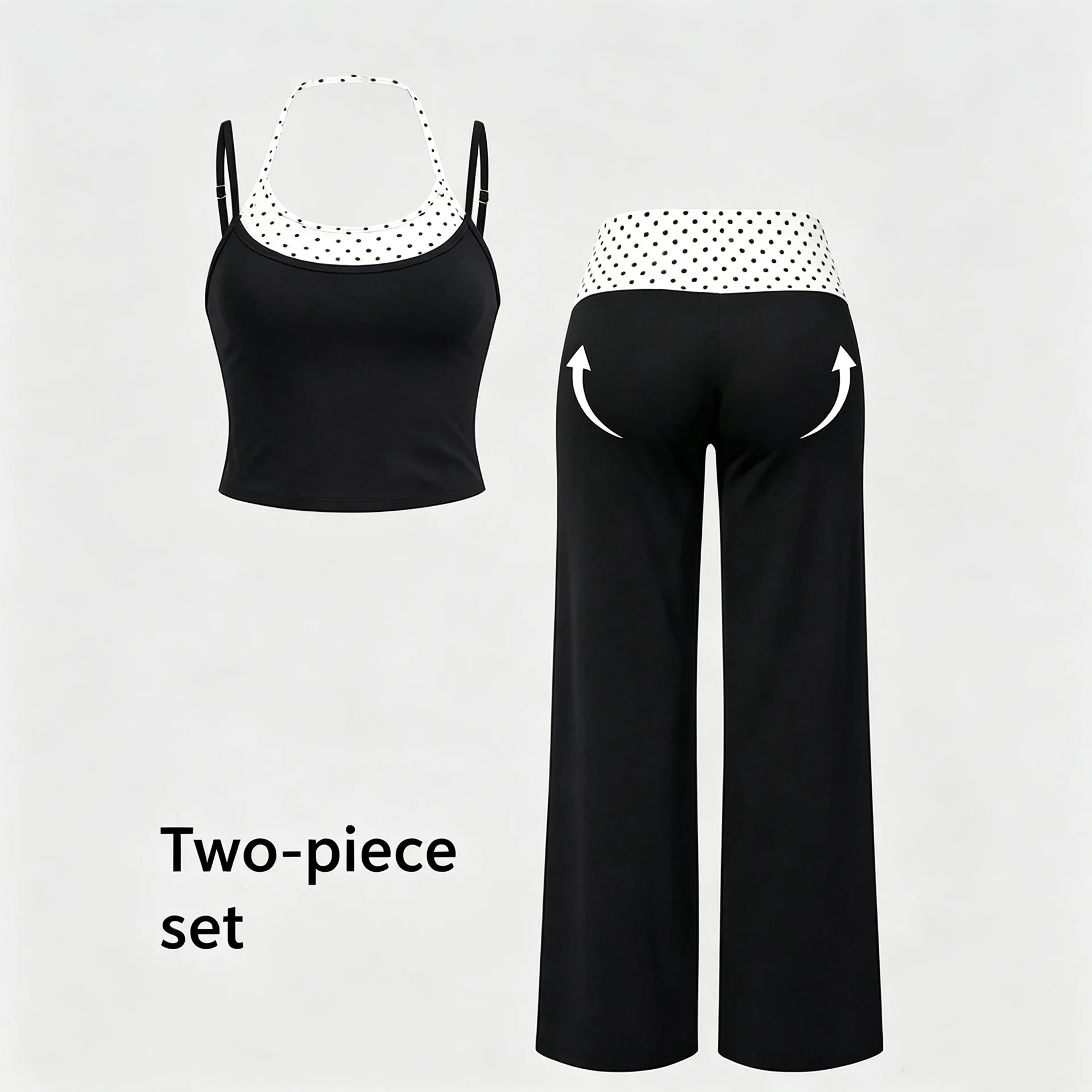 Women's 2 Piece Yoga Set Halter Neck Crop Top Fold Over Waist Wide Legged Flare Trousers Polka Dot Gym Workout Running Suit
