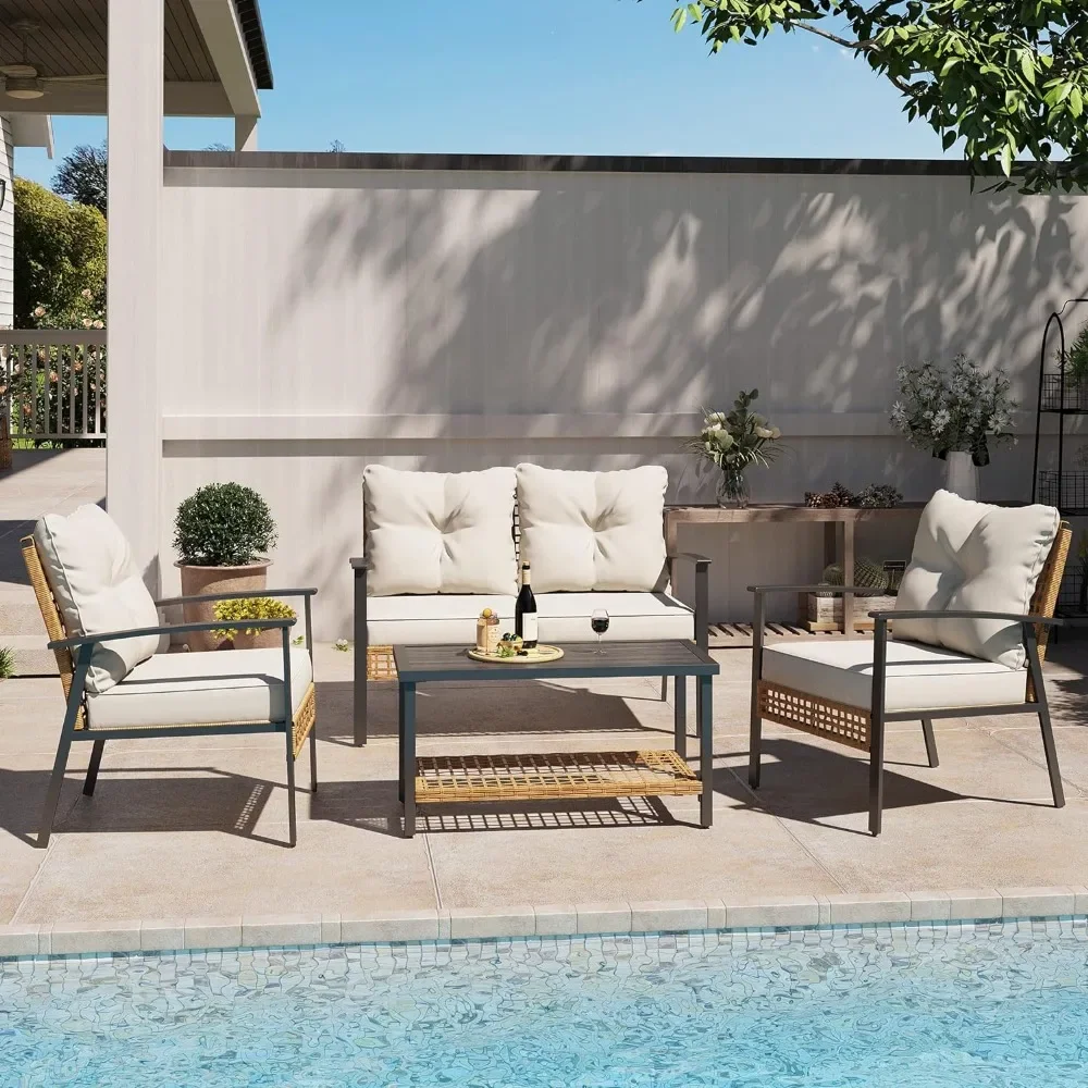 4-Piece Patio Conversation Set Comfortable Oversized Outdoor Furniture Set with Soft Cushion and Storage Metal Coffee Table