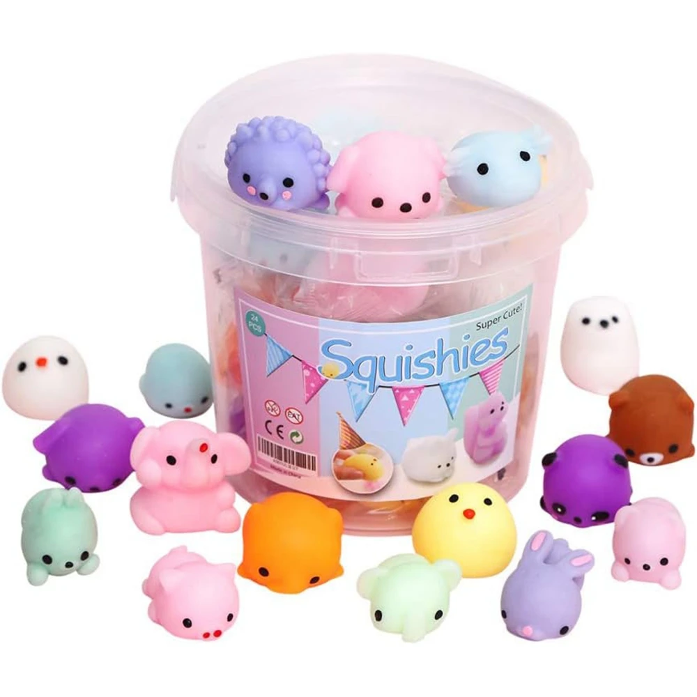 

24PCS Mini Kawaii Squishies Mochi Stress Reliever Anxiety Toys Squishy Toy Party Favors for Kids Basket Fillers with Storage Box