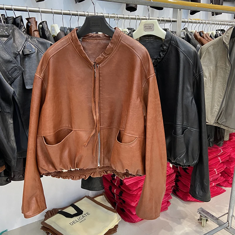 New Design Neckline Drawstring Women Genuine Leather Jacket Black Real Leather Loose Patterned Lining Overcoat