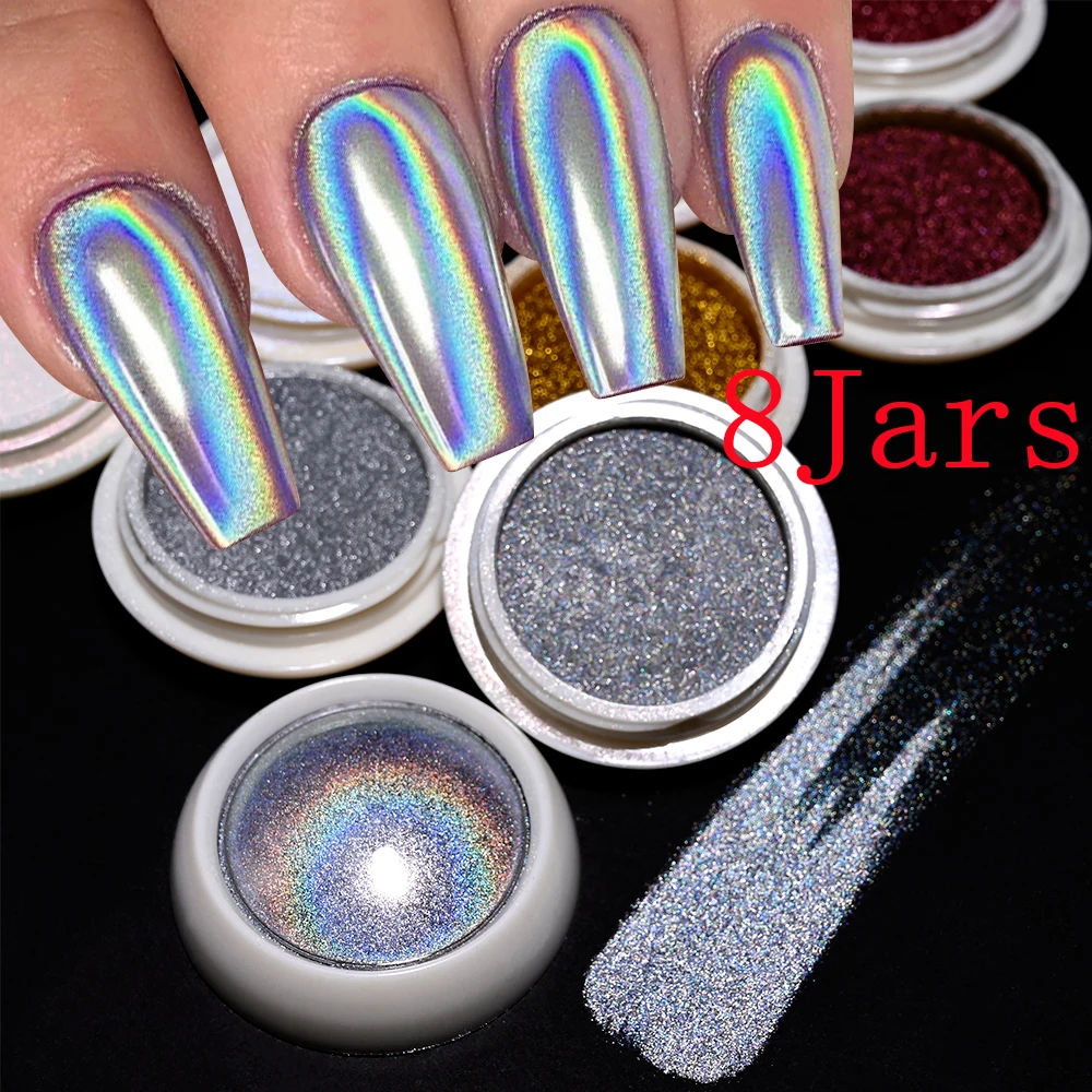 8Jar * 0.5g Holographic เลเซอร์โลหะเล็บผง Magic Mirror Glitter Pigment ถูฝุ่น Sparkly สะท้อนแสงเล็บ Chrome Powder