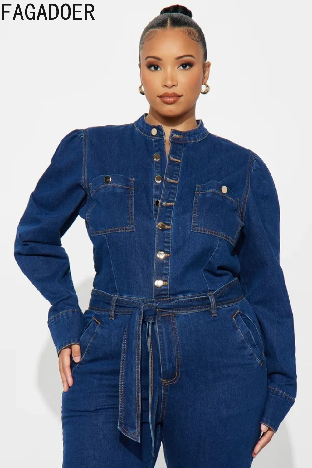 FAGADOER موضة الدنيم المرقعة Bodycon حللا للمرأة بلون طويل الأكمام جيب السروال القصير الإناث الشارع الشهير وزرة #2