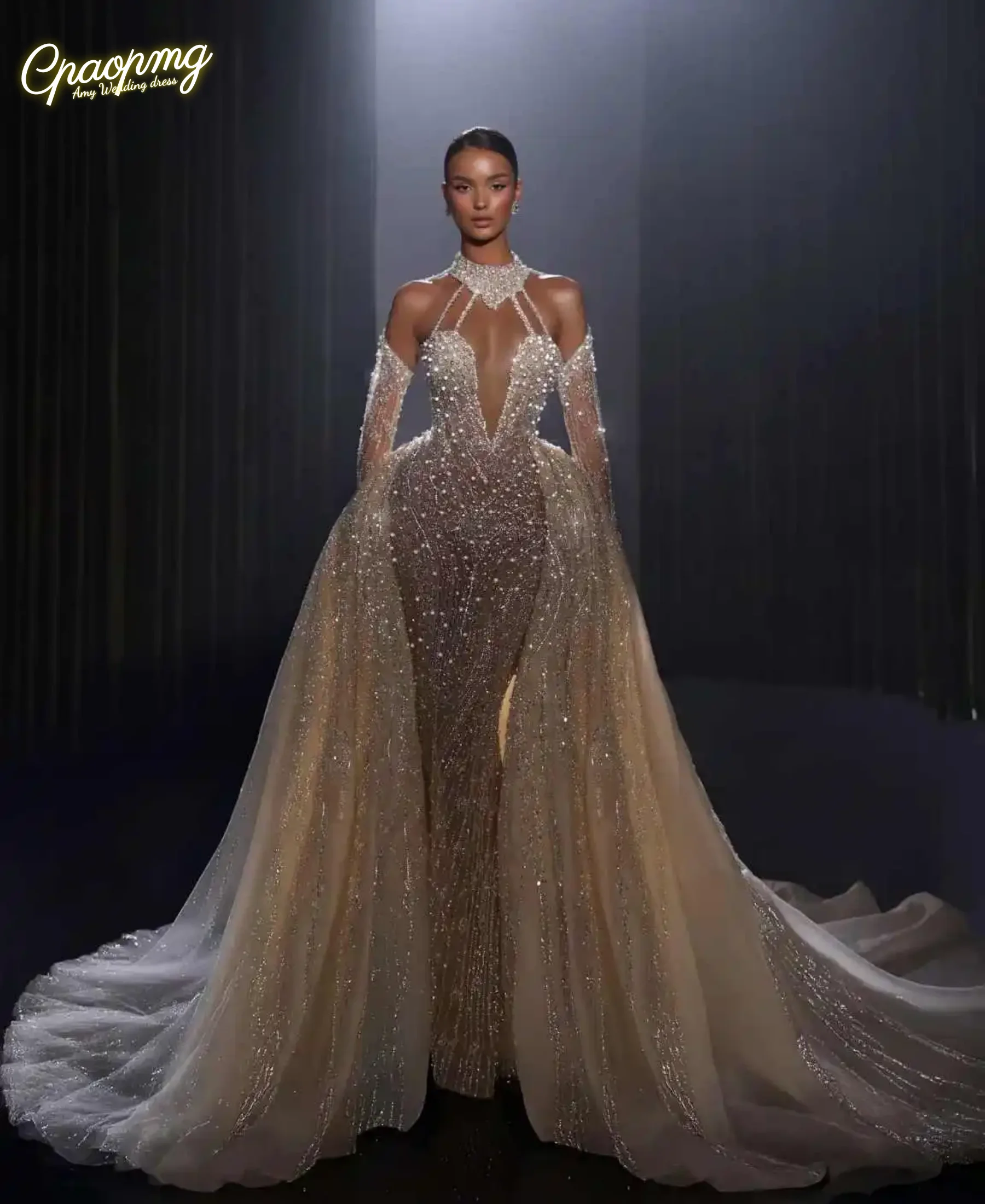 

Очаровательные вечерние платья русалки по индивидуальному заказу с высоким воротом и блестками, платья для выпускного вечера со съемным шлейфом, жемчуг из бисера, особый случай