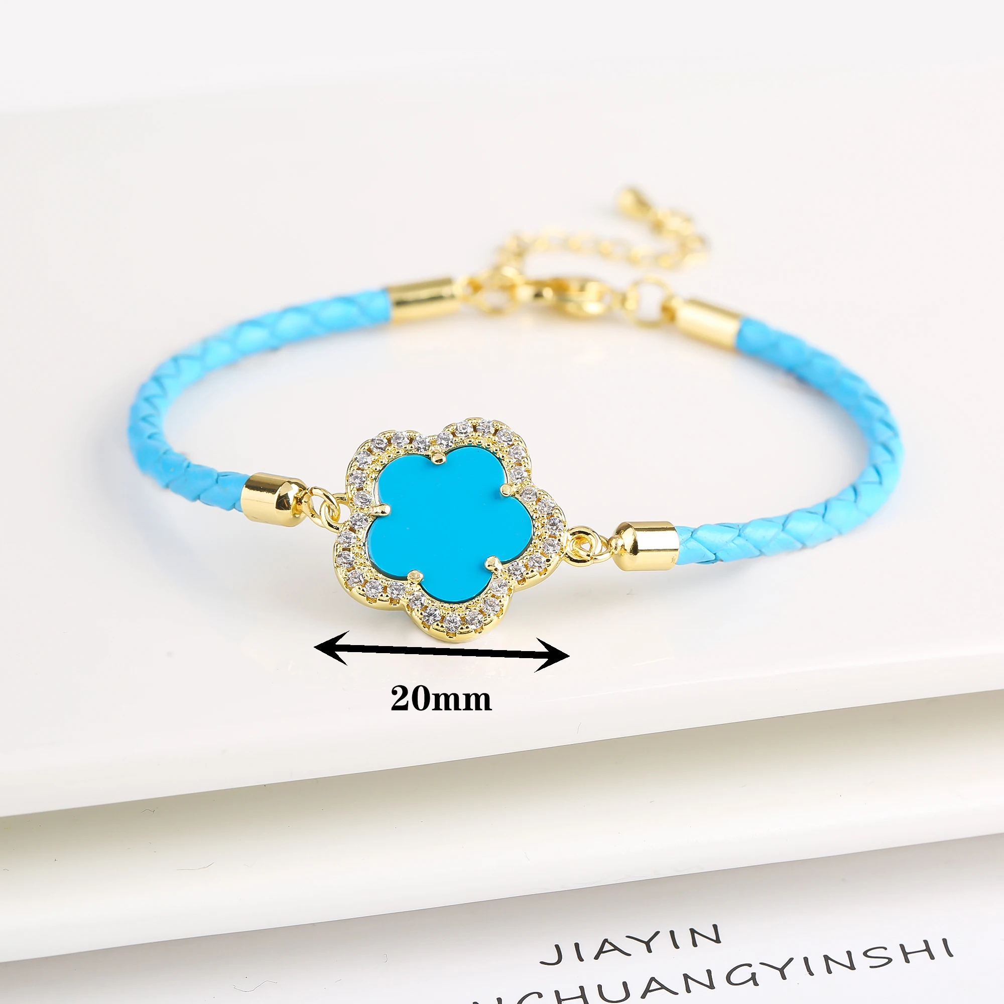 Classic Genuine Leather Woven Natural Stone Flower Charm Bracelet