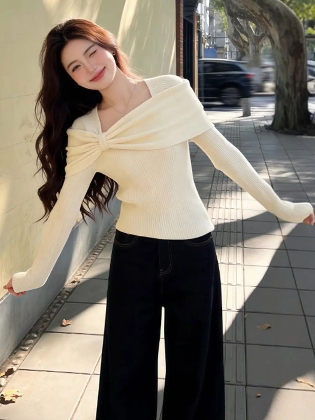 

Slimming Knitted Sweater One oulder Faionable Korean Sle Long Sve Mid-Thi Color Home Office Par Wear for W...