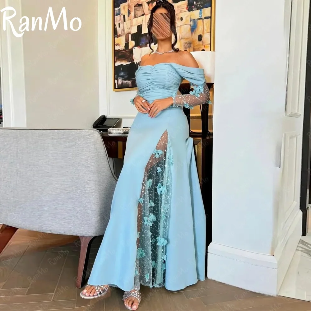 

Ranmo New Customized Lace Blue A-line Evening Dress Off Shoulder Long Sleeves 3D Flower Special Occasions فساتين سهرة