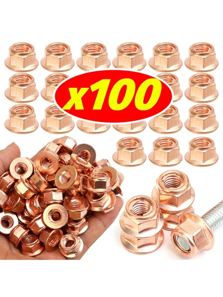 Écrou d'échappement M8 plaqué cuivre, 10 à 100 pièces, écrous à bride autobloquants haute température pour collecteur E30 325i, goujons de tuyau de descente, Kit de réparation