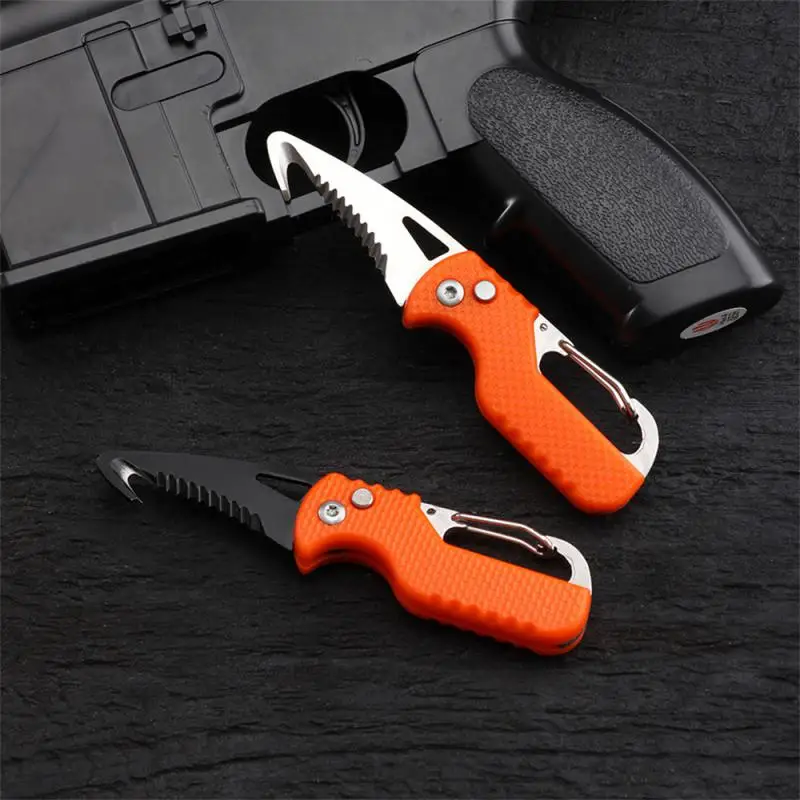 Black/Orange Portable Multi-functional Parcel Knife Keychain Serrated Hook Carry-on Unpacking Emergency Survival Box Opener