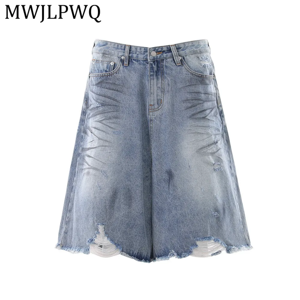 

MWJLPWQ Punk-Style Washed Distressed Wide-Leg Denim Shorts For Men Asymmetrical Pocket Design Unique Frayed Edges Pants 14939