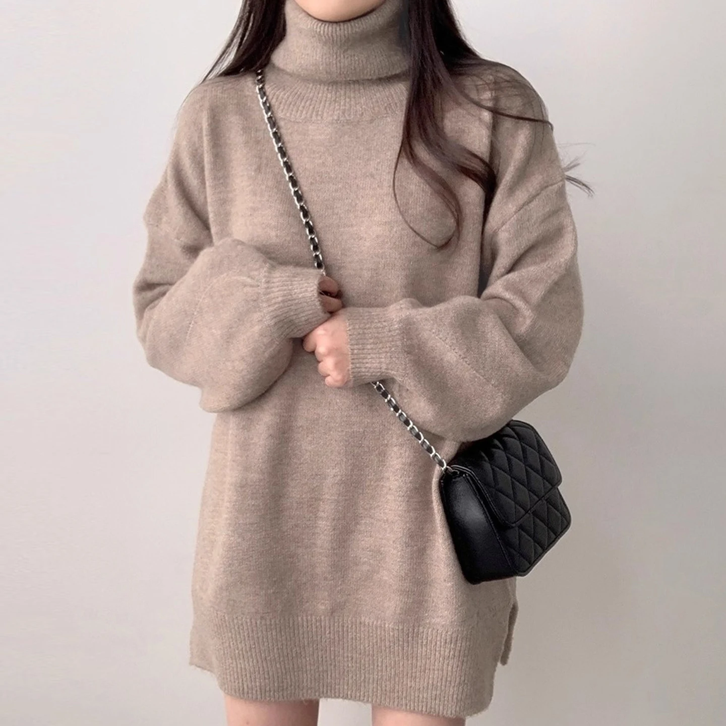 

Retro High Collar Side Slit Pure Color Knitted Sweater Women's Soft Cozy Medium Length Winter New Sle Korean Version