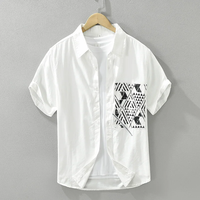 

Men's Short Sleeve Cotton Shirt Pure Color Patch Pocket Summer Breathable Casual Fashionable Versatile Layering Shirt