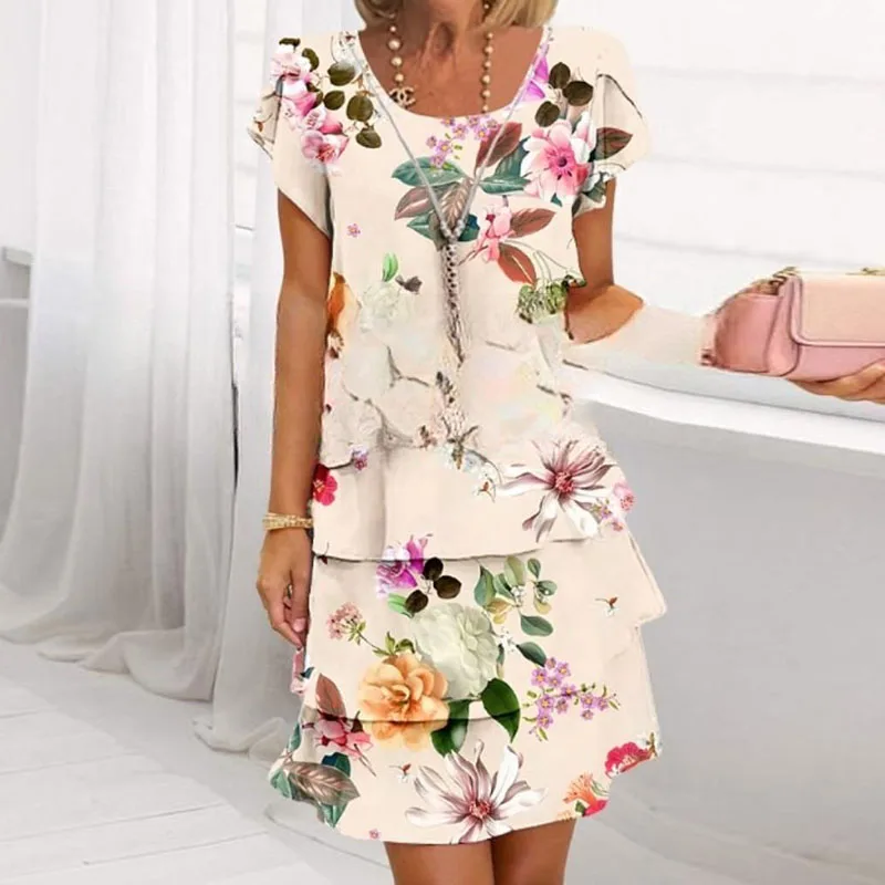 Весенне-летнее модное новое шифоновое платье с 3D принтом для женщин, элегантное базовое платье с круглым вырезом и короткими рукавами, повседневная одежда