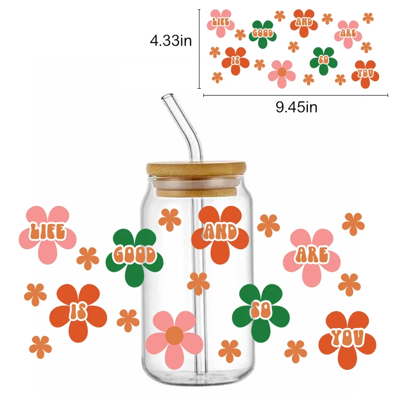 Envolturas de copa UV DTF, calcomanías coloridas de flores hermosas, pegatinas impermeables de lata libre, 16oz