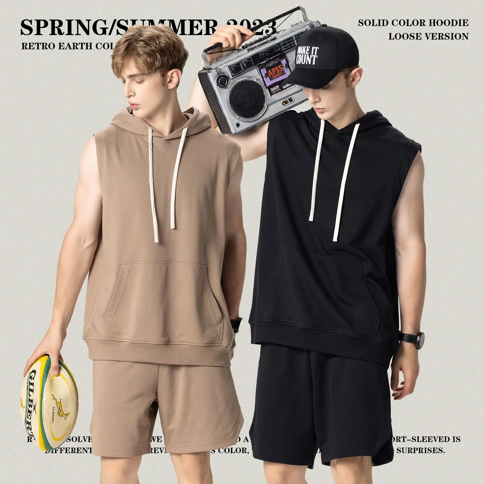 Summer Mens Sets Casual Solid Loose Tank Tops and Shorts Sets Man Sport Sleeveless Hoodie Male Casual Cotton Singlet Vest Clothi