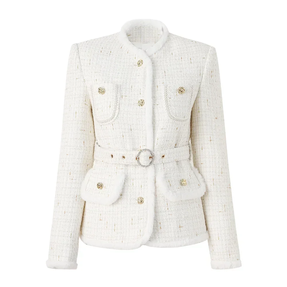 

White Elegant Tweed Women Suit Blazer Jacket With Belt Female Office Lady Daily Work Wear Coat Single Breasted Prom Dress Coat