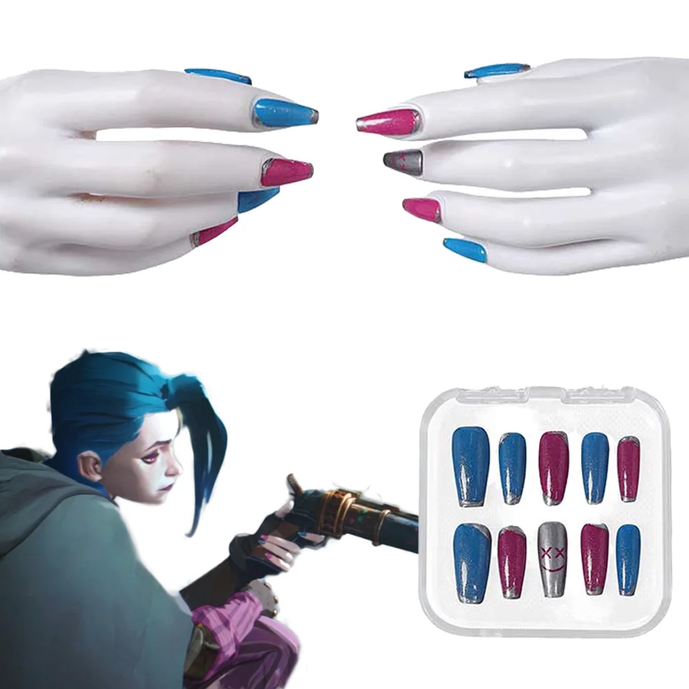 Arcane Jinx Fake Nails 2024 Game LoL TV 2 Cosplay Fantasy Costume Accessories Women Roleplay Fantasia Nail Art Tips Women Prop