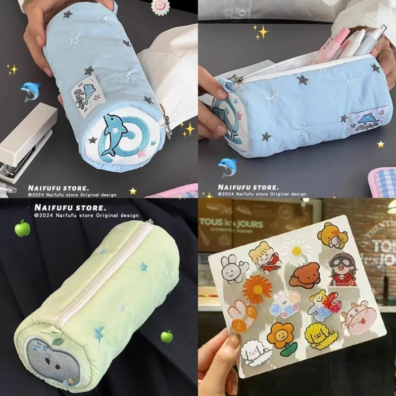 Blue Star Dolphin Pen Bag Embroidery Sitting Mountain Guest Cute Stationery Student Storage Bag Portable Large Capacity Bag New