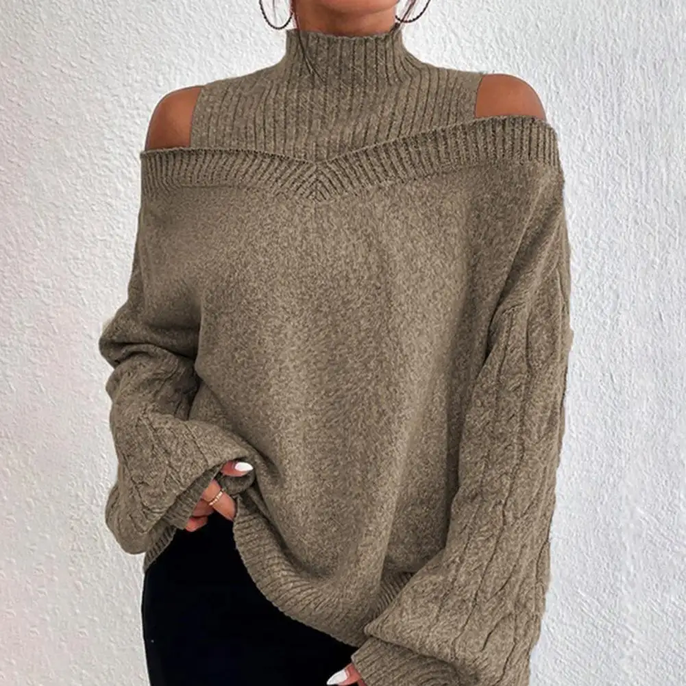 

Soft Breathable Women Sweater Stylish Women's Off Shoulder Sweater Cozy Knitted Pullover with Half-high Collar for Fall/winter