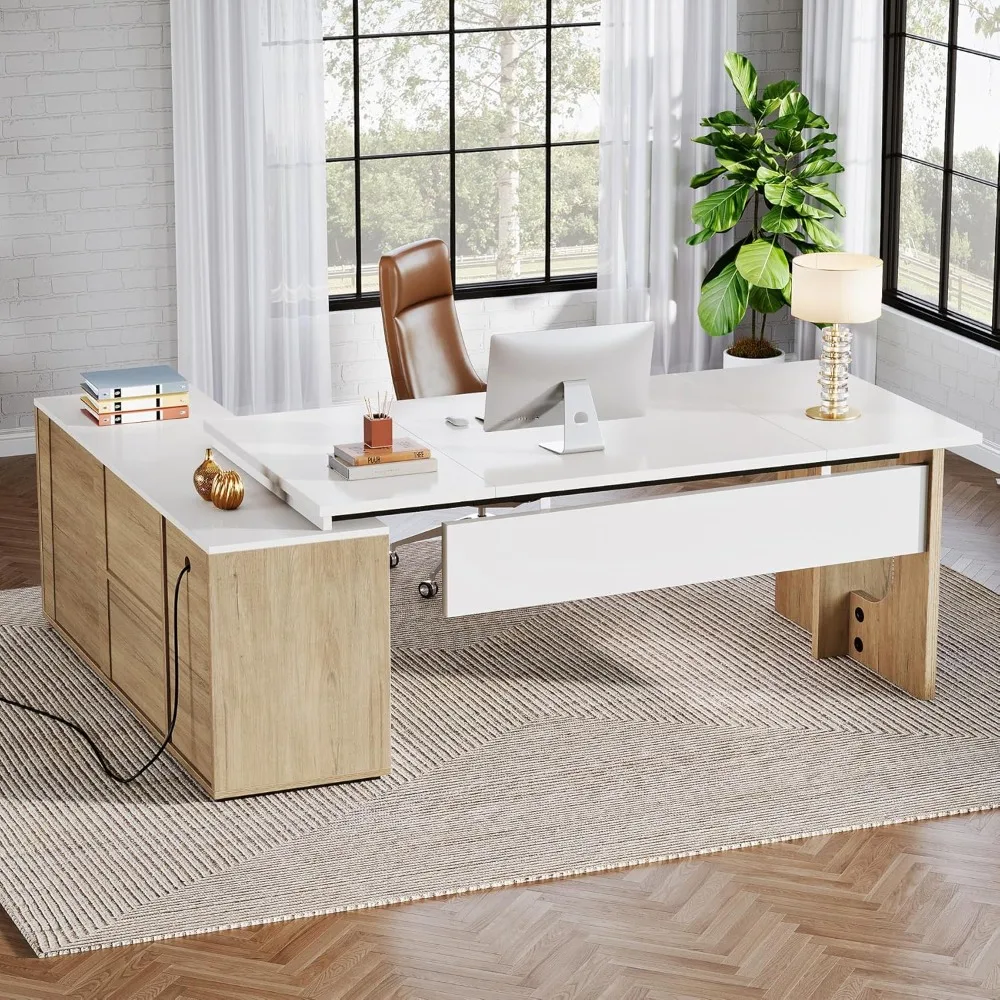 

​​74.8" L-Shaped Office Desk w/Cabinet&Shelves​​ – Computer desk, workstation, home office furniture, white & wood, CPU storage.