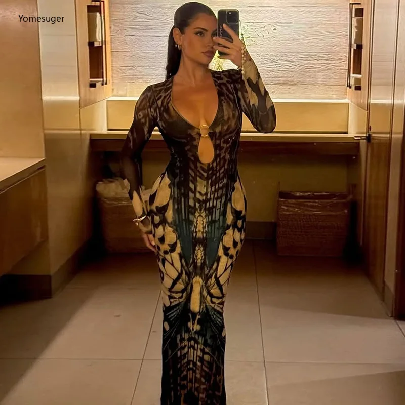 فستان ماكسي نسائي من Yomesugar مطبوع عليه فراشة أنيق برقبة على شكل حرف v وحلقة معدنية مجوفة وأكمام طويلة ملابس نادي منتصف الليل #1