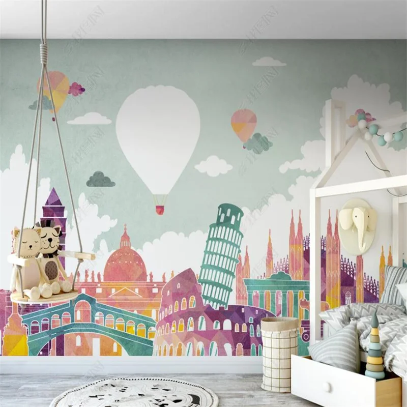 Custom Wallpaper Hot Air Balloon Landmark Build Children's Room Mural Home Decor Wallpaper Kids Room Wall Paper Papel De Parede