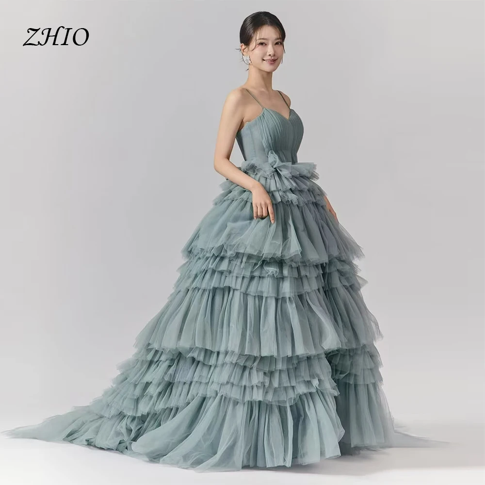 

ZHIO Dusty Blue Fairytale Korean Tulle Evening Gowns A-line Spaghetti Straps Fluffy Layered Fashion Prom Dresses Customized