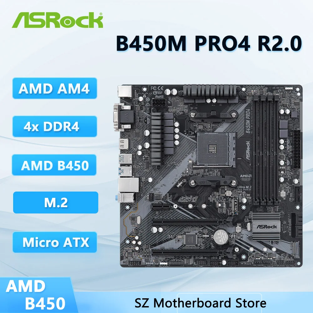Placa base ASROCK B450M Pro4 R2.0 AMD B450 AM4 para CPU AMD Ryzen 7/5/3 5800X3D 5600X 3100 4 × DDR4 HDMI M.2 Micro ATX