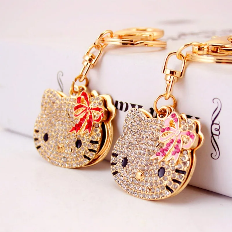 Hello Kitty Kawaii Diamond Inlaid Cartoon Cat Head Makeup Mirror Keychain Women Bag Accessories Pendant Women Gift Wholesale view 4
