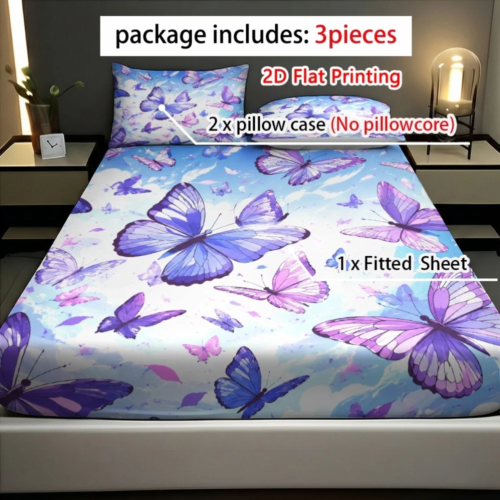 Brightly colored purple butterfly sky print fitted sheet and pillowcase set, bedding set (includes 1 fitted sheet + 2 pillowcases), 3-piece set, large-capacity deep pocket 2D printed fitted sheet and 2 pillowcases, mattress protector, fitted elastic style, suitable for all seasons, machine washable design, holiday decoration, various sizes, breathable protector with pillowcase