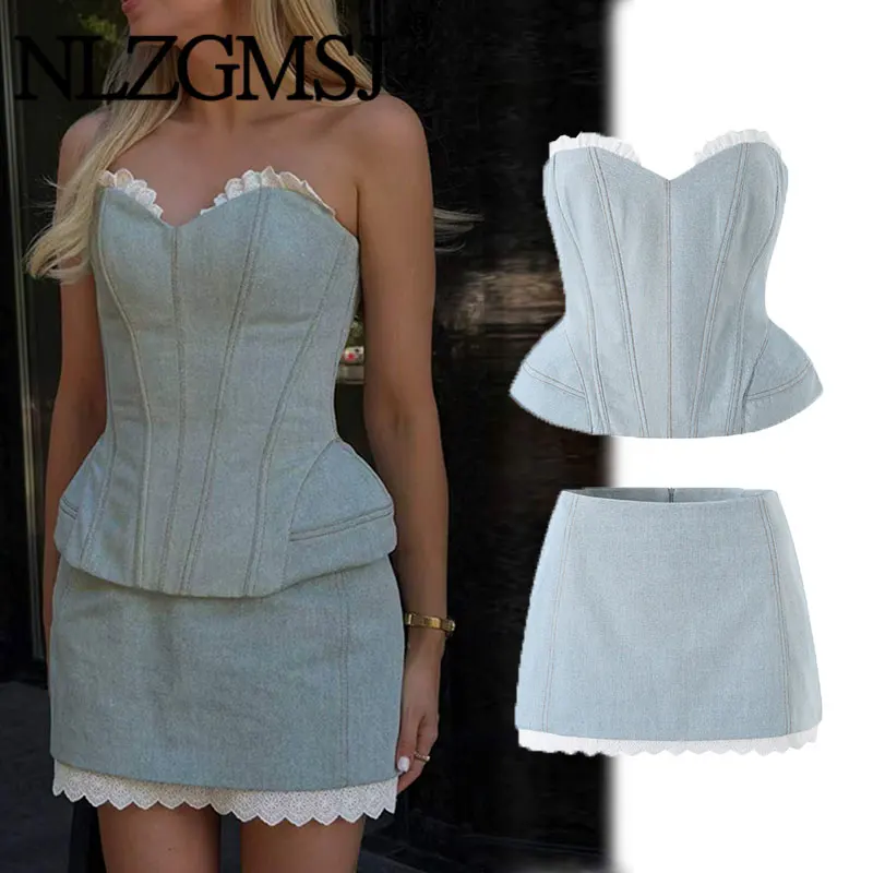 Nlzgmsj 2026 Conjunto de Dos Piezas de Encaje para Mujer, Top Corsé sin Tirantes con Cuello en Forma de Corazón y Minifalda, Estilo Casual Y2K