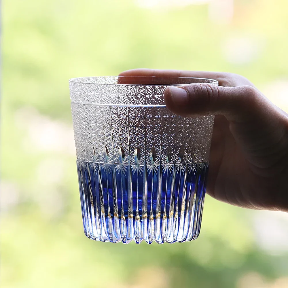 Awn of Wheat 24% Lead Crystal Glass Tumbler Edo Kiriko Hand Cut Whiskey Glass Blue Green Purple 320ml