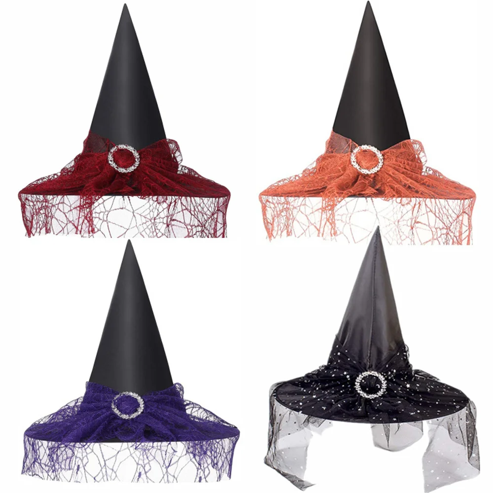 Costume Witch Hat Fashionable Cosplay Accessories Adult Party Costume Props Decoration Lace Wizard Cap Black Halloween Hat