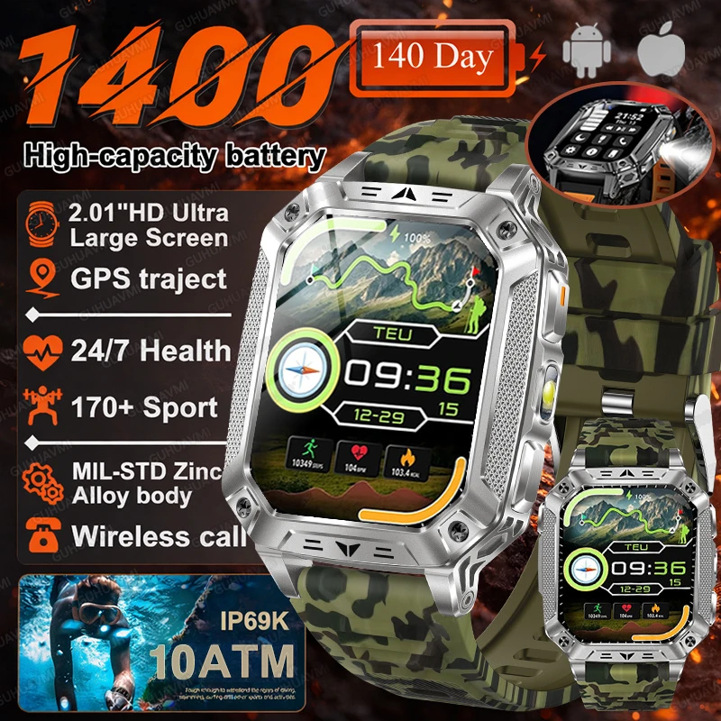 2026 Nieuwe 1400mAh Batterij Smart Watch GPS-pad Bluetooth Oproep 10ATM Waterdicht Zwemmen Sport Hardlopen Wandelen Buiten Militaire Smartwatch