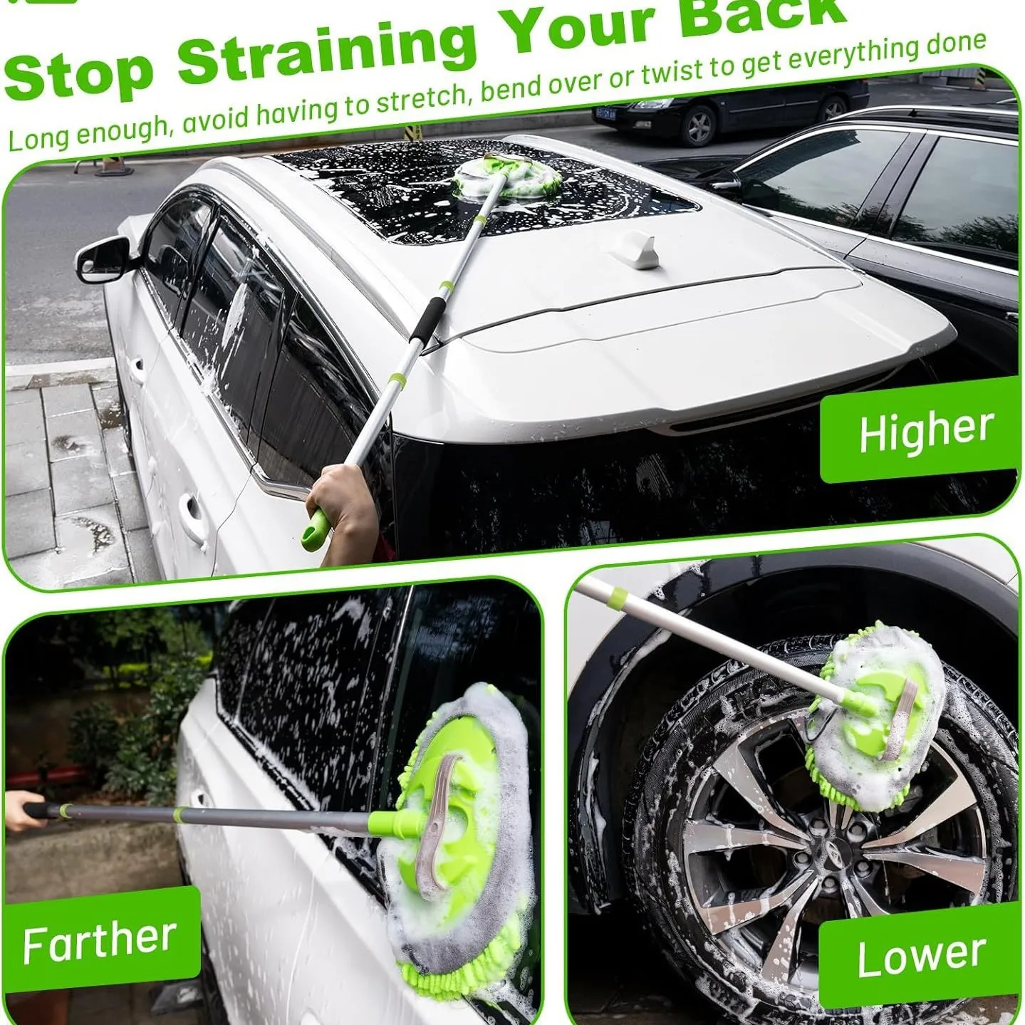 1 Set grüner Autowaschmop mit abnehmbarem Bürstenkopf, extra langer Autoreinigungsmop, Chenille-Mop mit 4 abnehmbaren Teilen, auch für die Reinigung im Haushalt geeignet, multifunktionaler Reinigungsmop. – Detail 1