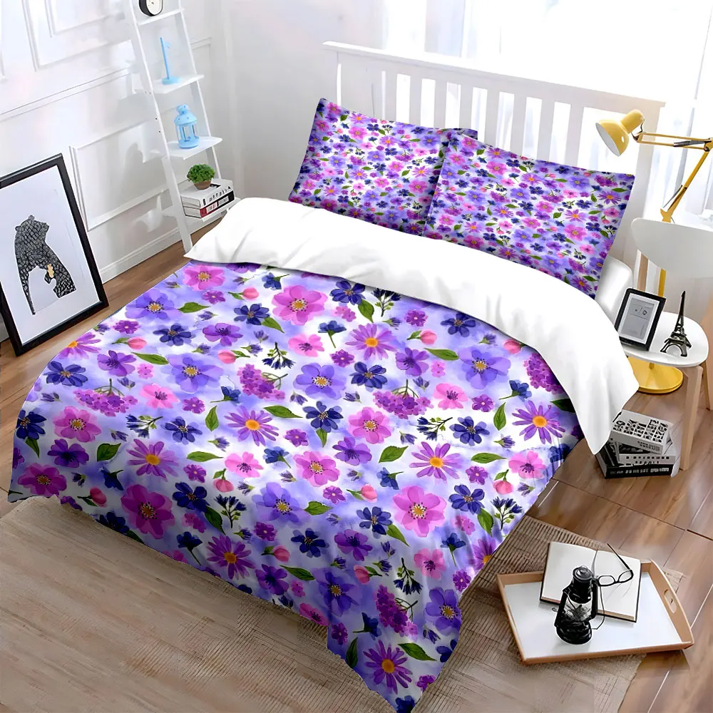 3pcs Purple and Pink Floral Pattern Duvet Cover Set with 3D Printing Design Soft Polyester Bedding Set All-Season Comfort