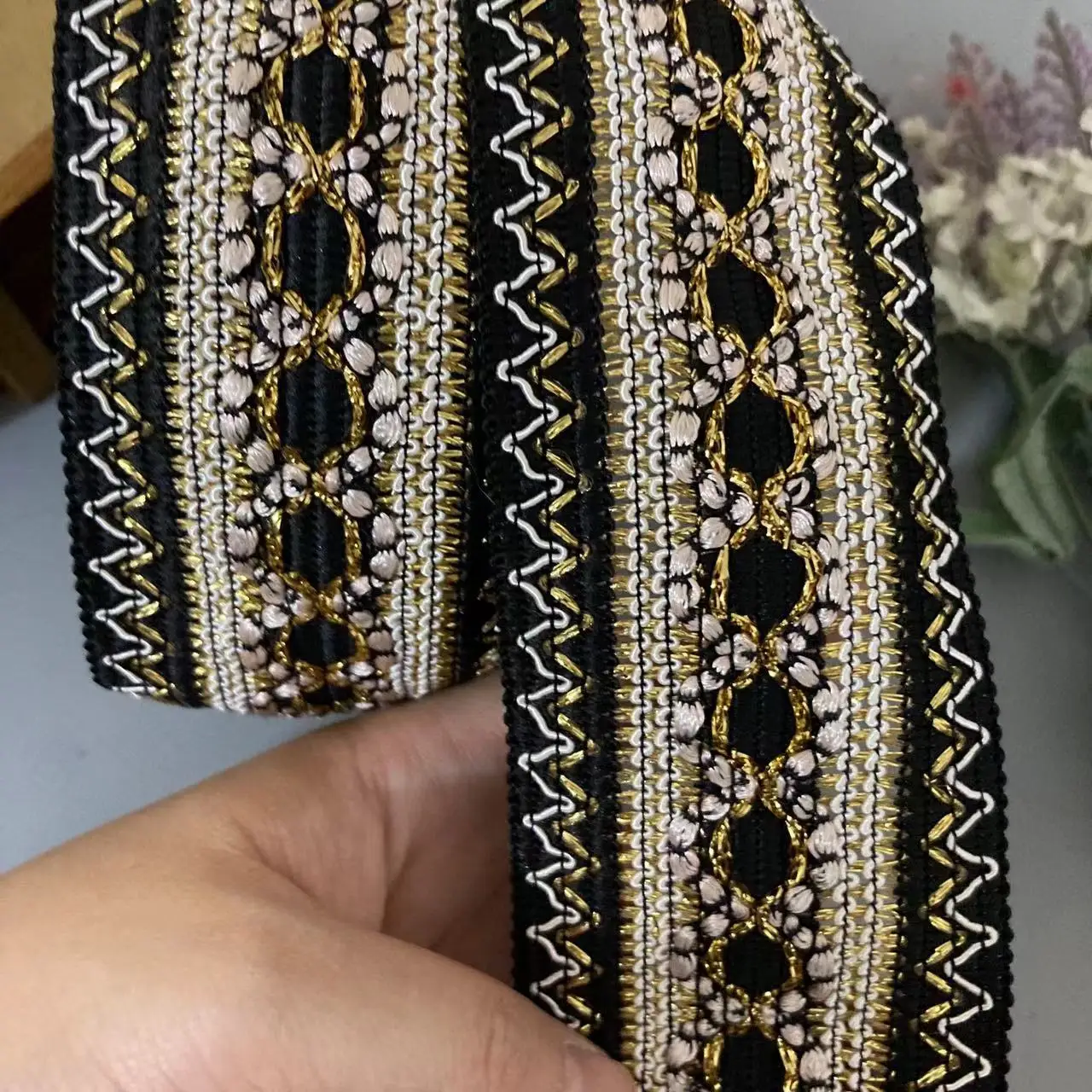

1 Yard Black 6cm Rice Lace Trim Ribbon Sequin Fabric Ethnic Clothing Gold Thread Embroidery Jacquard Webbing Garment Accessories