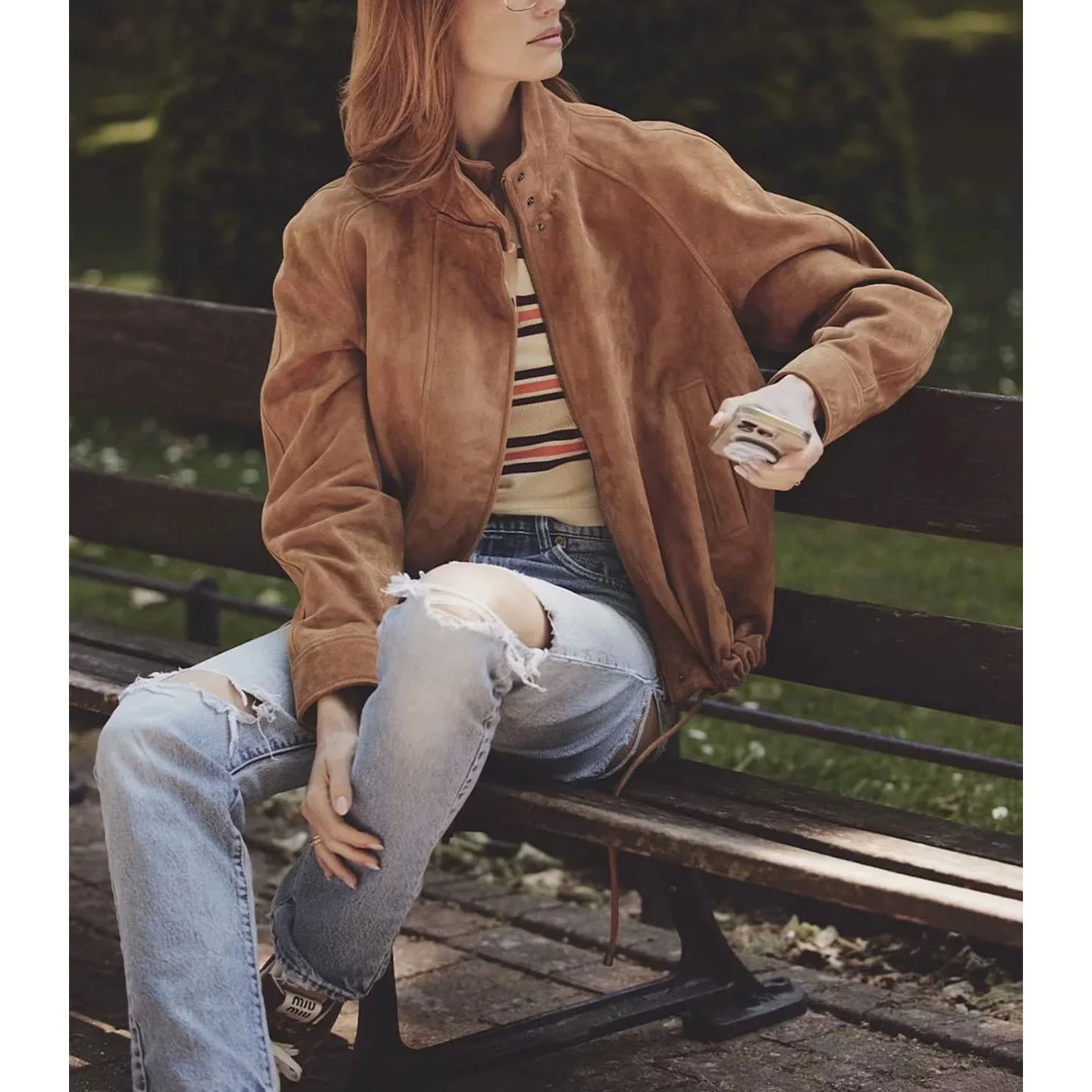 

Fall New Women's Hepburn Sle Loose Long Sve Stand Collar Zipper Decoration Suede Jaet Outerwear Casual Loose Fit ort...