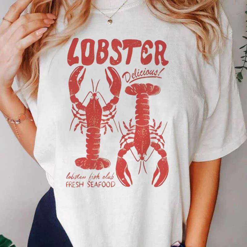 Beach Top Casual Style Round Neck T-Shirt Women's Cartoon Lobster Pattern Women's Fashionable Printed Summer Popular T-Shirt