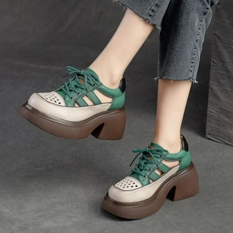 

2025 босоножки на толстой подошве из натуральной кожи в стиле ретро, новые летние повседневные женские туфли на высоком каблуке с круглым носком и выдолбленной шнуровкой